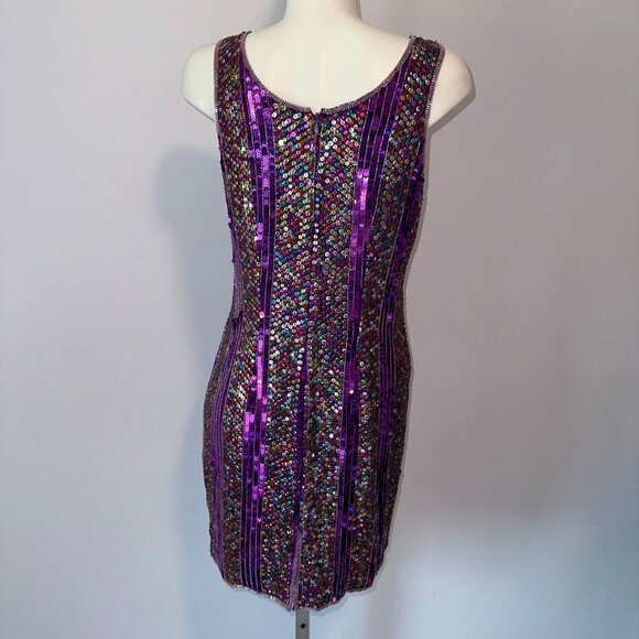 Vtg 90s Annabelle Purple Rainbow Sequin Mini Dress Sleeveless Silk Size Large - Picture 4 of 6